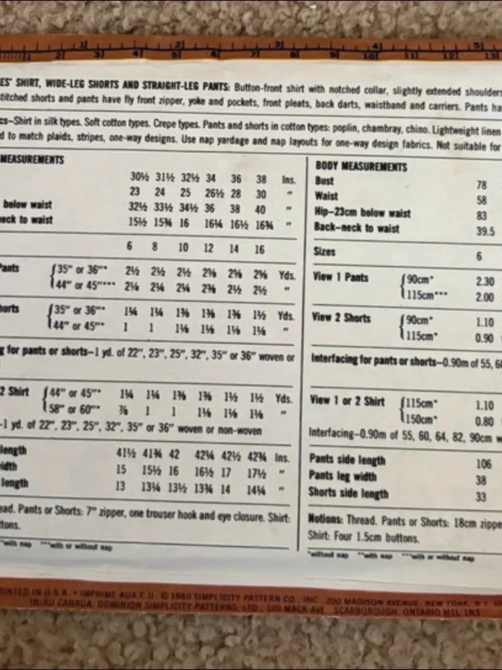 Simplicity Pattern 9552 for Misses’ Shirt, Shorts, and Pants